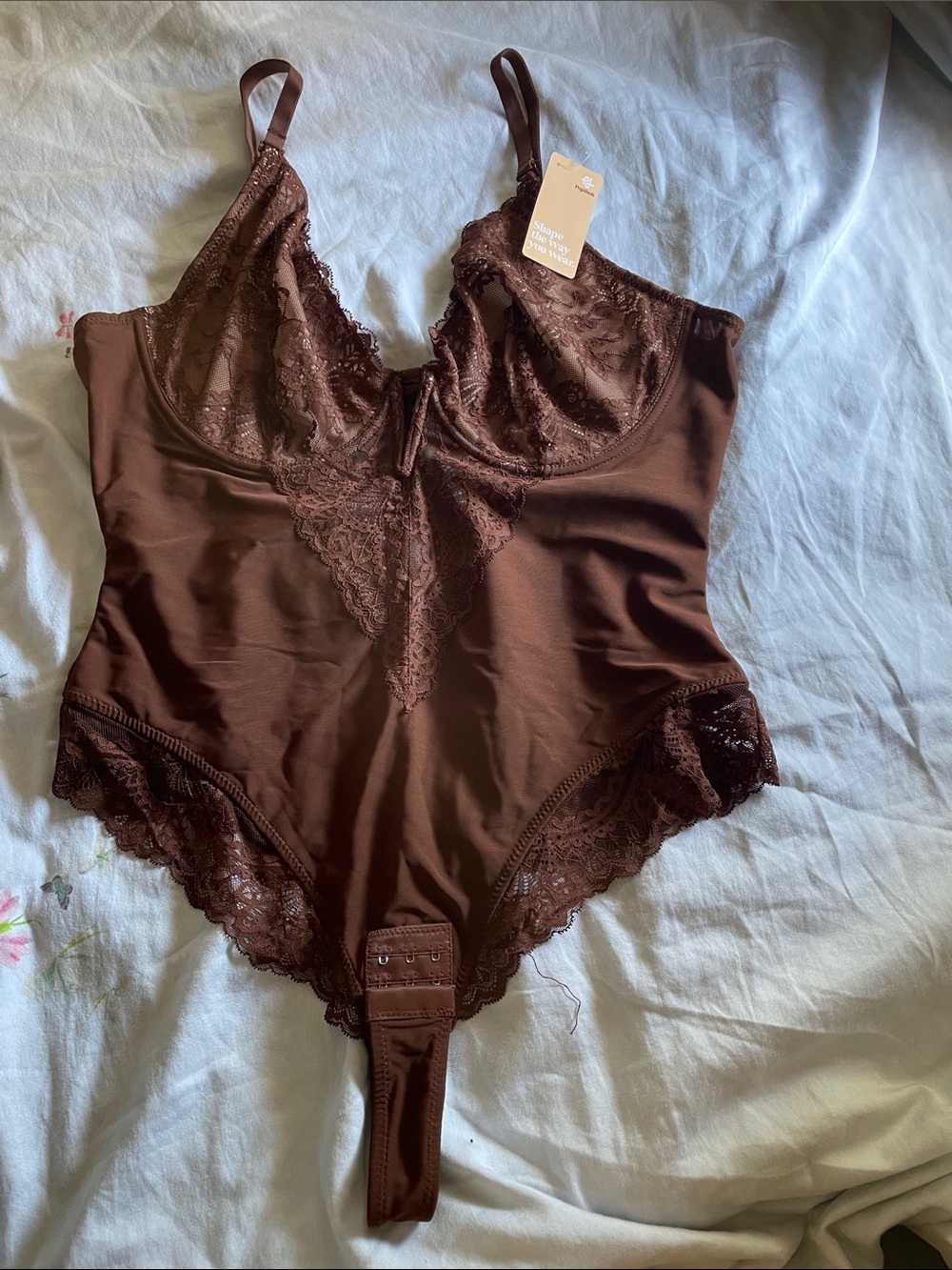 Lace-Trim Shaping Bodysuit - Chocolate Brown